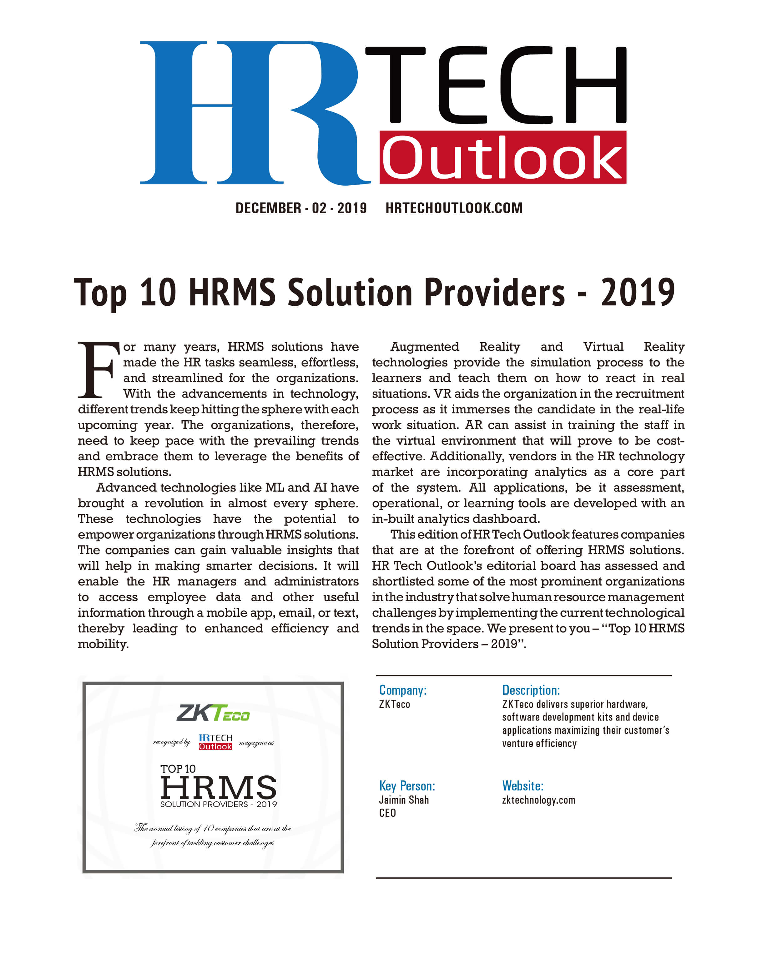 ZKTeco Ranked as Top 10 HRMS Solution Providers 2019